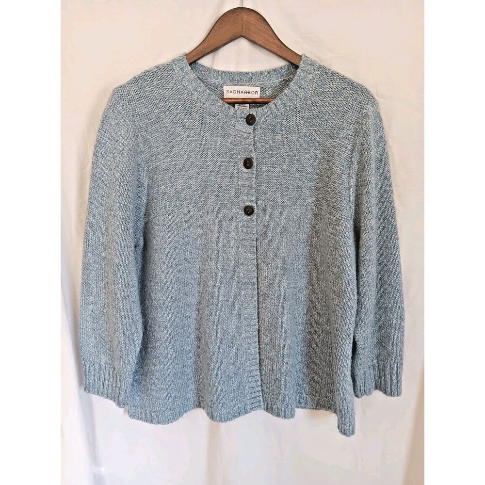 Sag Harbor Women XL Blue Metallic Knit Cardigan 3/4 Sleeve Button Sweater
